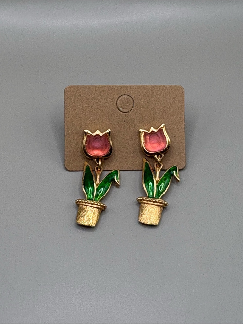 Avon Pink and Green Tulip Pot Dangle Earrings